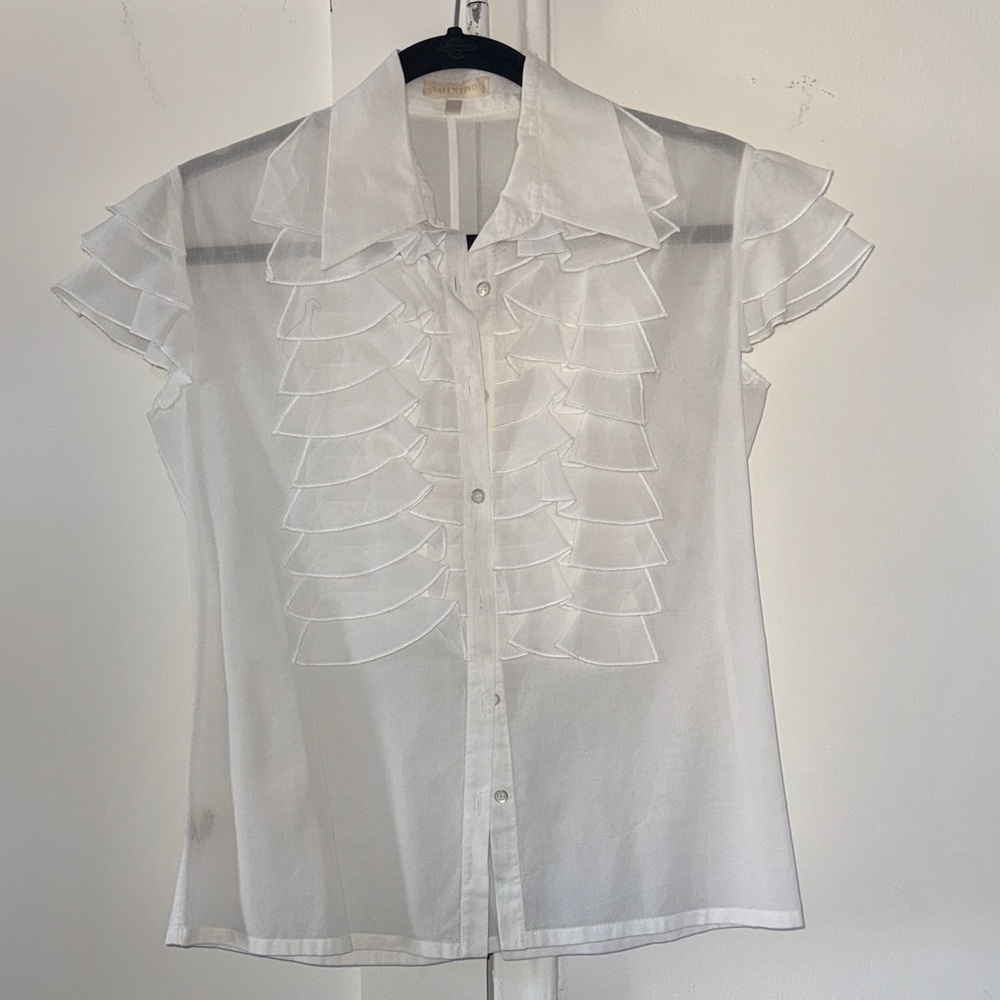 Valentino White Ruffled Front Short Sleeve Blouse